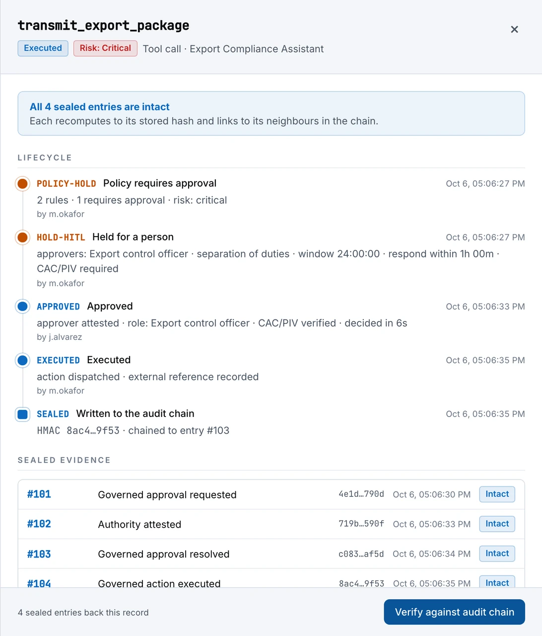 ARIA record detail panel for a governed action: lifecycle stages from policy hold through approval and execution, the sealed audit-chain entries for each step, and a Verify control.